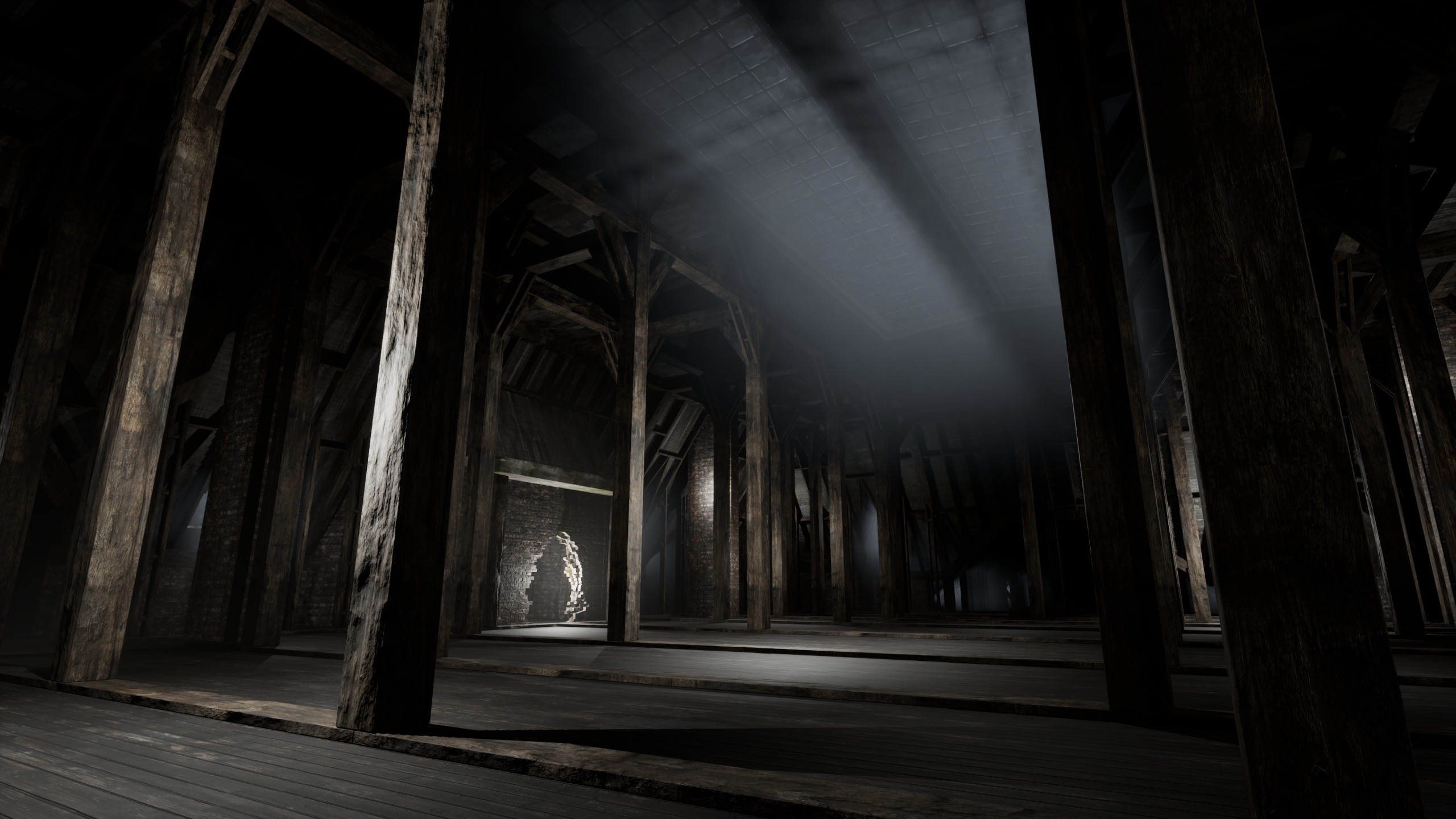 Dark timber-framed attic with shafts of light and a glowing figure on a distant wall
