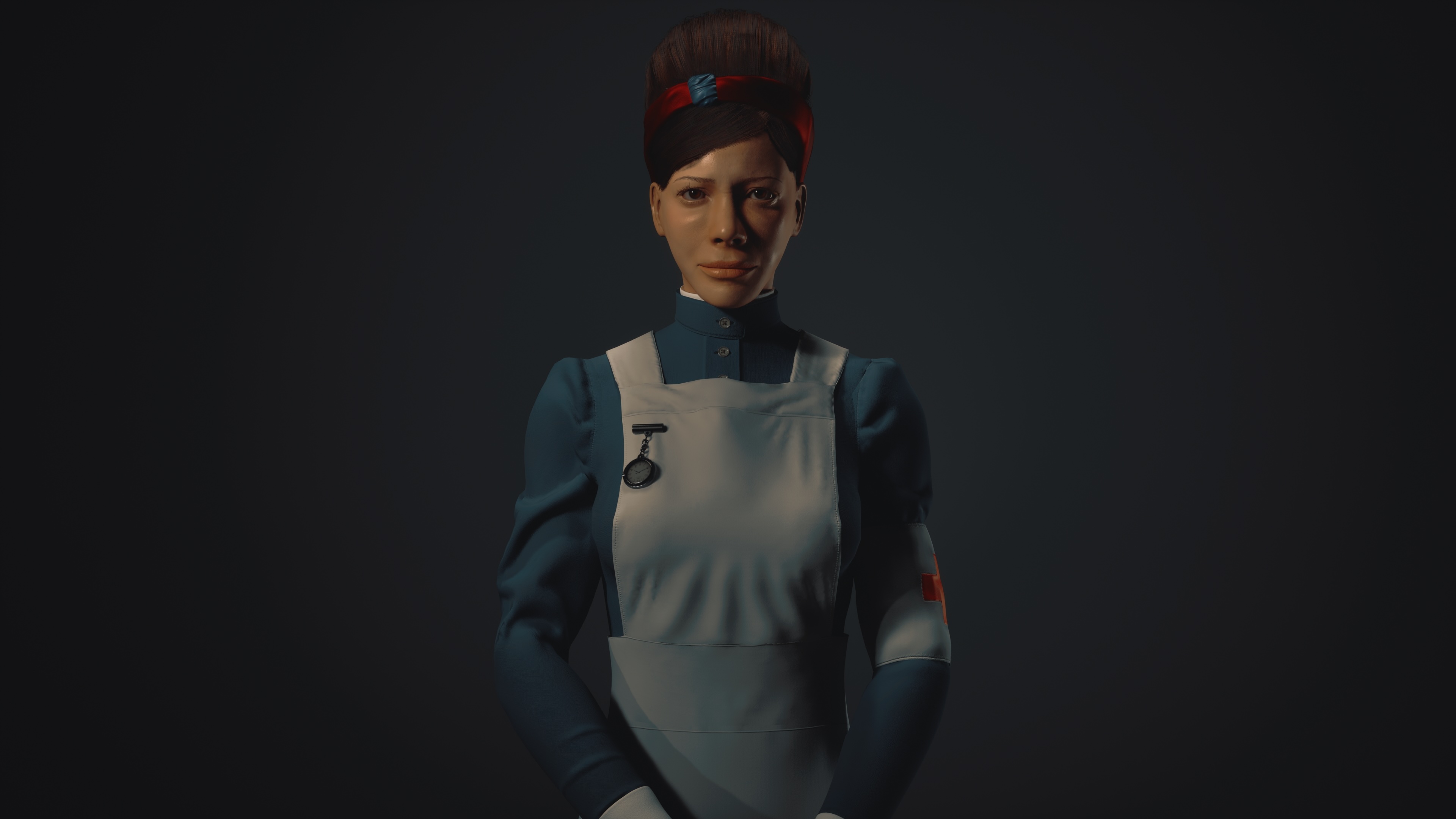 3D character model of Dora Lightwood in a blue medical uniform and white apron