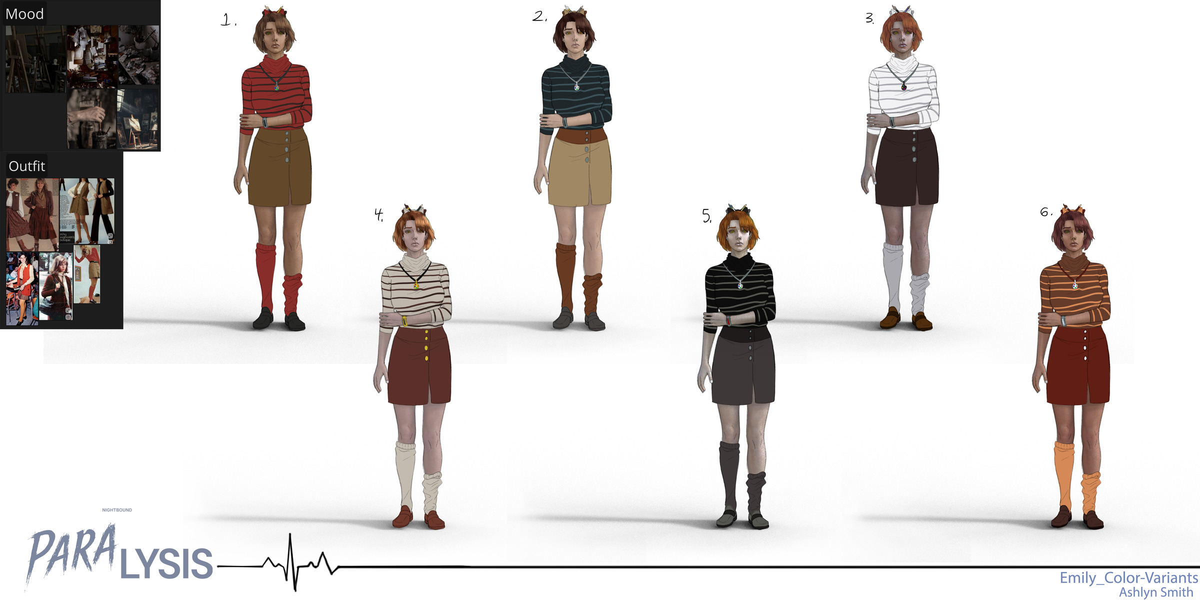 Emily character concept sheet with six colour variations