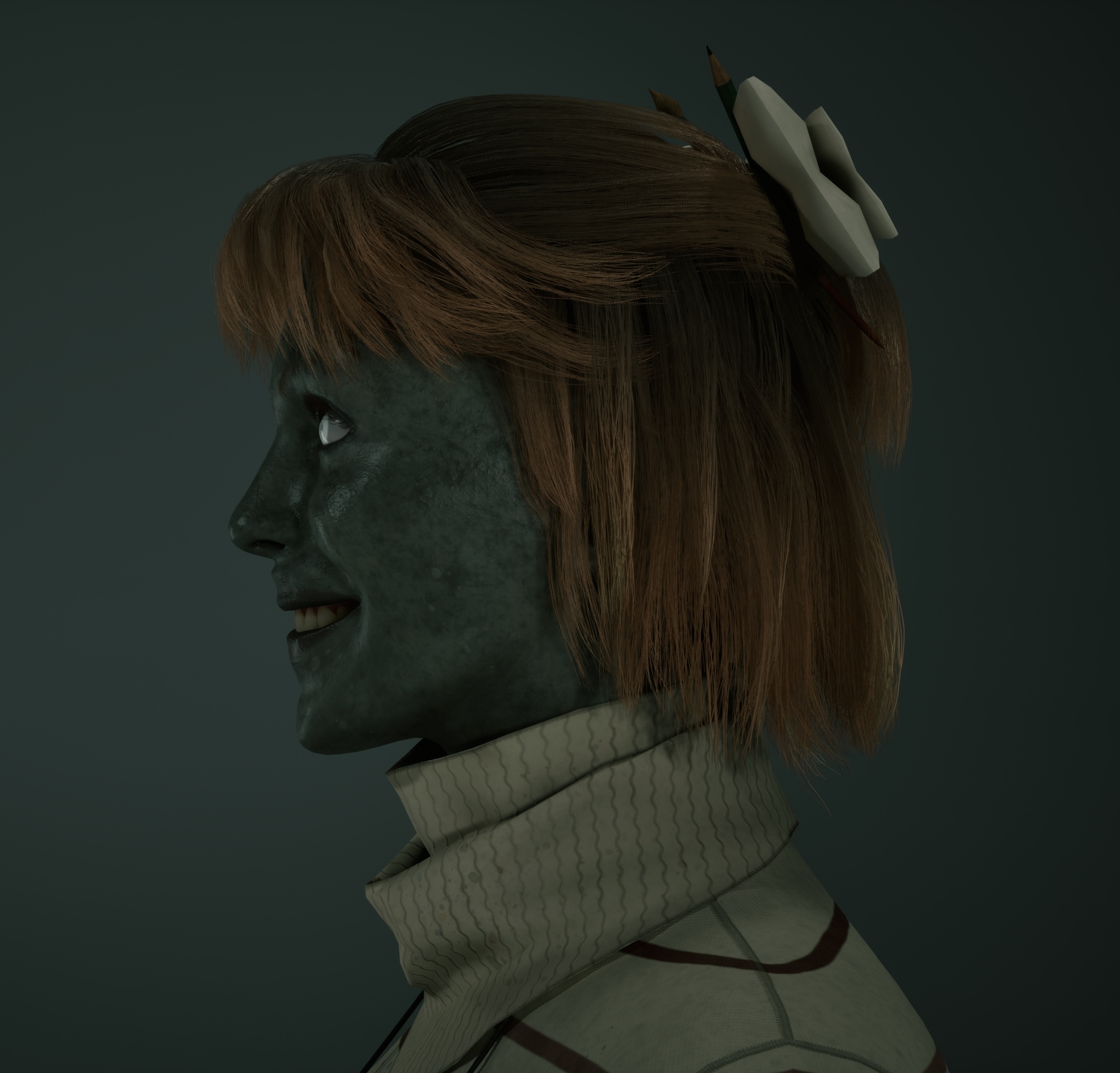 Side-profile 3D character model of Emily, a ghost with pale eyes and grey-green skin