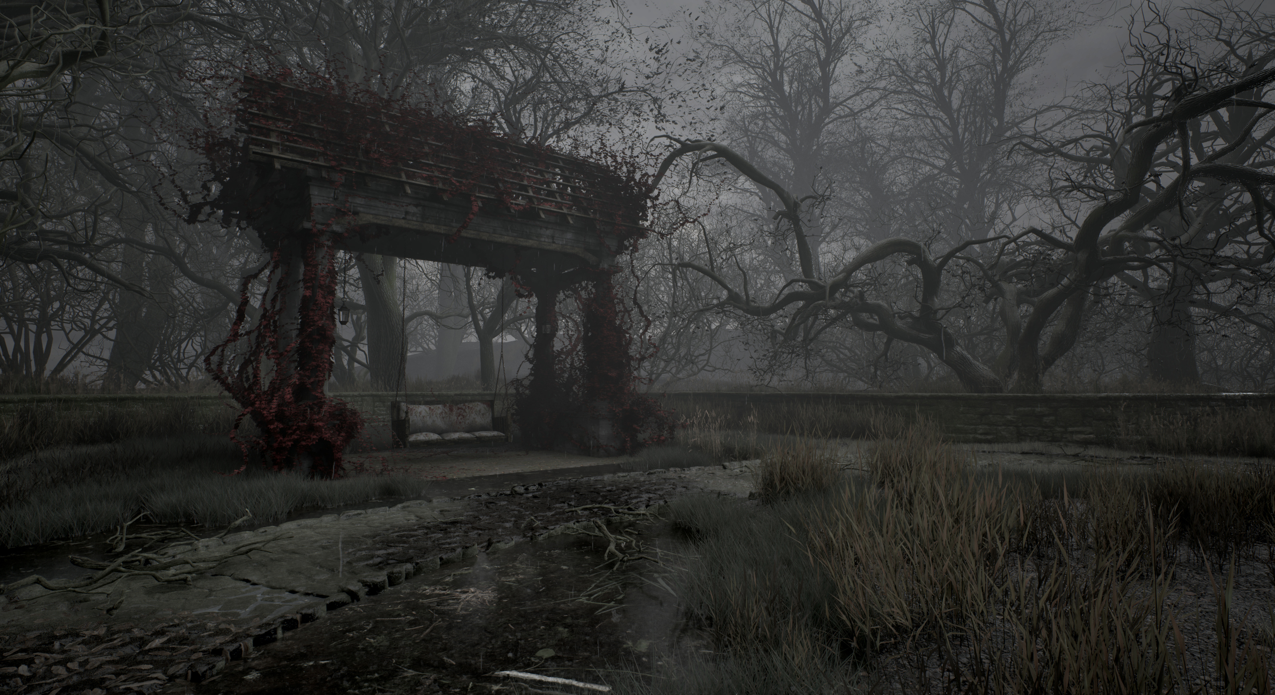 Empty swing beneath a wooden arch in a foggy, overgrown garden