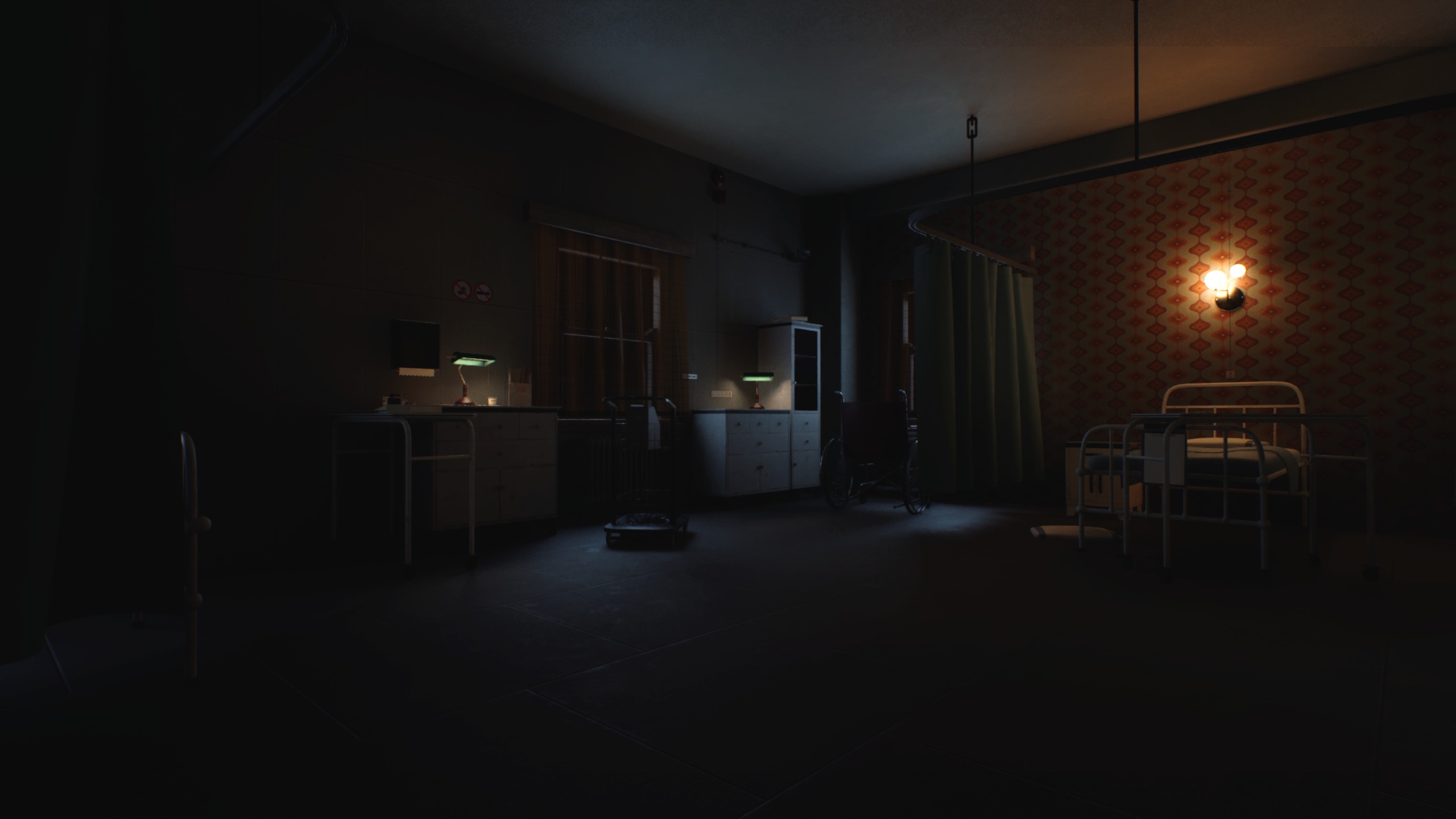 Dimly lit hospital room with beds, wheelchairs, and medical cabinets