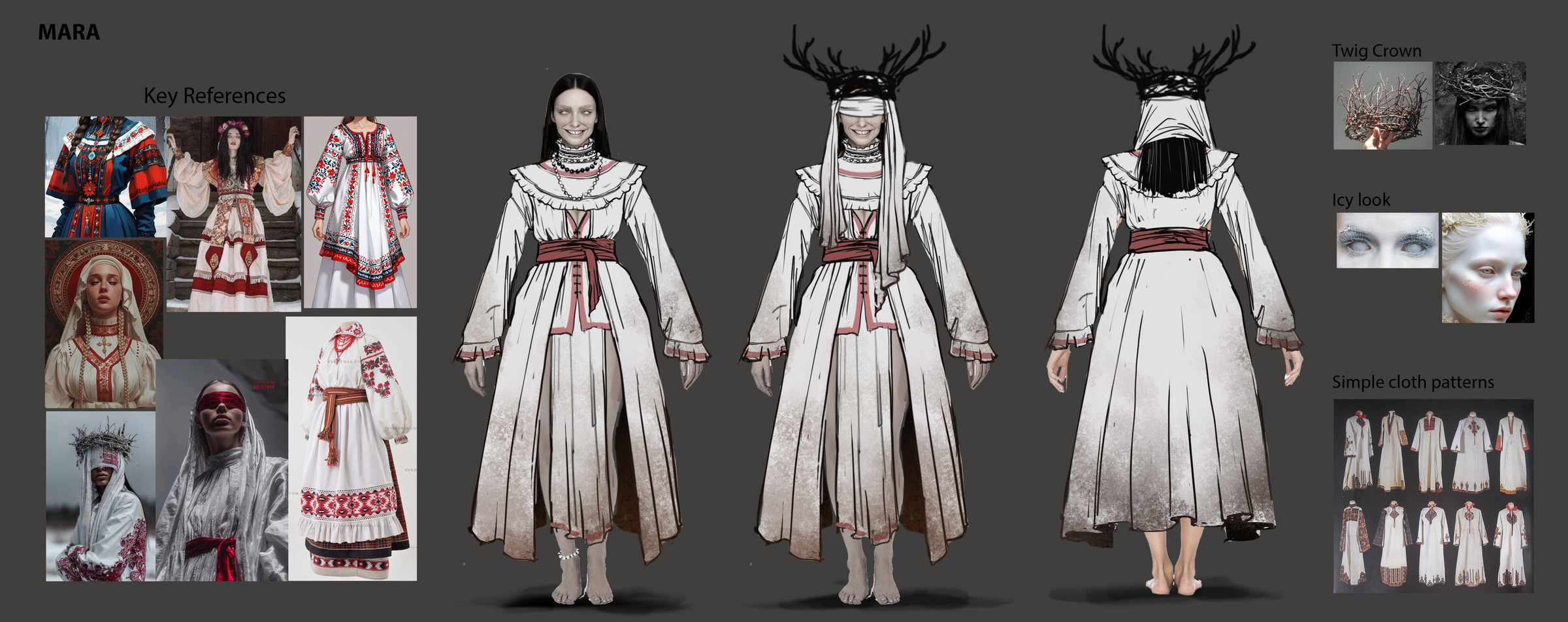 Mara character concept sheet showing a ghost in an embroidered white dress and twig crown