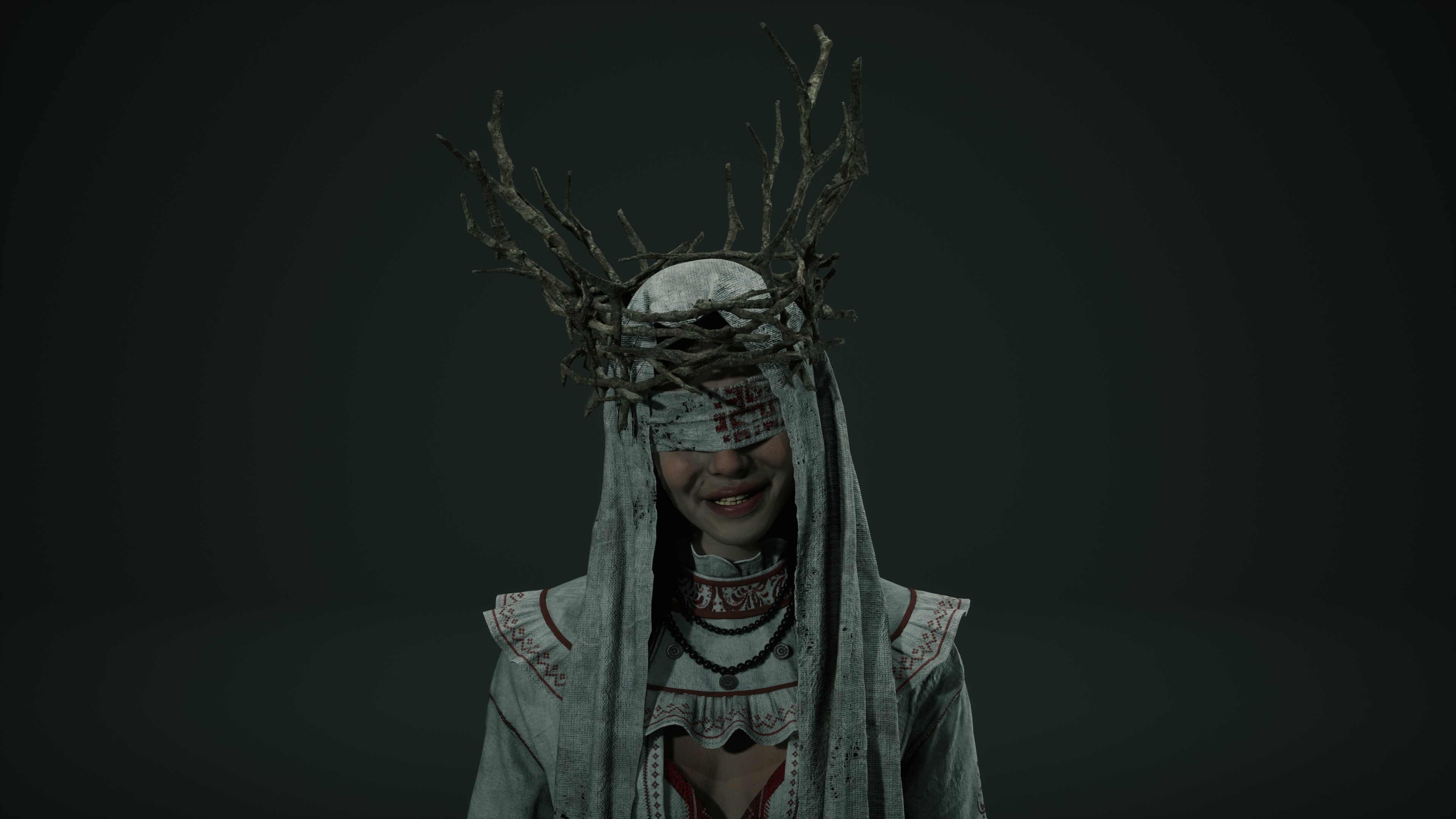3D character model of Mara, a blindfolded ghost wearing a twig crown